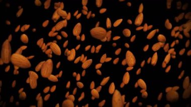 Siyah arka planda bir sürü badem cevizi uçurmak. Yiyecekler, sağlıklı yiyecekler, diyet. Badem dönüşünün 3 boyutlu animasyonu. Döngü canlandırması.