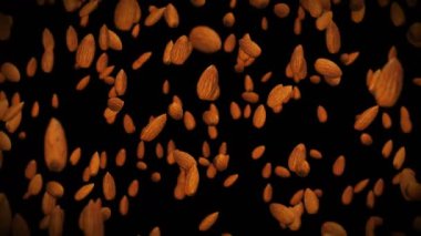 Siyah arka planda bir sürü badem cevizi uçurmak. Yiyecekler, sağlıklı yiyecekler, diyet. Badem dönüşünün 3 boyutlu animasyonu. Döngü canlandırması.