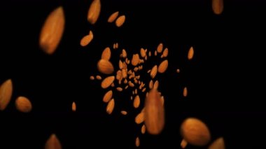 Siyah arka planda bir sürü badem cevizi uçurmak. Yiyecekler, sağlıklı yiyecekler, diyet. Badem dönüşünün 3 boyutlu animasyonu. Döngü canlandırması.