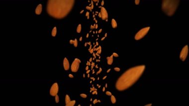 Siyah arka planda bir sürü badem cevizi uçurmak. Yiyecekler, sağlıklı yiyecekler, diyet. Badem dönüşünün 3 boyutlu animasyonu. Döngü canlandırması.