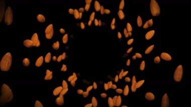 Siyah arka planda bir sürü badem cevizi uçurmak. Yiyecekler, sağlıklı yiyecekler, diyet. Badem dönüşünün 3 boyutlu animasyonu. Döngü canlandırması.