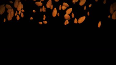 Siyah arka planda bir sürü badem cevizi uçurmak. Yiyecekler, sağlıklı yiyecekler, diyet. Badem dönüşünün 3 boyutlu animasyonu. Döngü canlandırması.