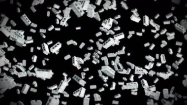 Siyah arka planda bir sürü beton tuğla uçuruyor. Minyatür model, çimento, inşaat. Dönen gri blokların 3 boyutlu animasyonu. Döngü canlandırması.