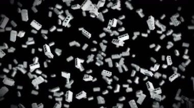 Siyah arka planda bir sürü beton tuğla uçuruyor. Minyatür model, çimento, inşaat. Dönen gri blokların 3 boyutlu animasyonu. Döngü canlandırması.