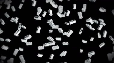 Siyah arka planda bir sürü beton tuğla uçuruyor. Minyatür model, çimento, inşaat. Dönen gri blokların 3 boyutlu animasyonu. Döngü canlandırması.