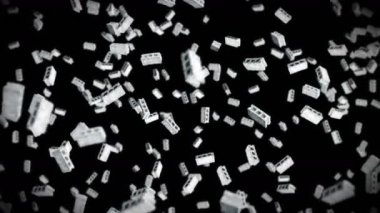 Siyah arka planda bir sürü beton tuğla uçuruyor. Minyatür model, çimento, inşaat. Dönen gri blokların 3 boyutlu animasyonu. Döngü canlandırması.