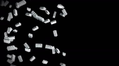 Siyah arka planda bir sürü beton tuğla uçuruyor. Minyatür model, çimento, inşaat. Dönen gri blokların 3 boyutlu animasyonu. Döngü canlandırması.