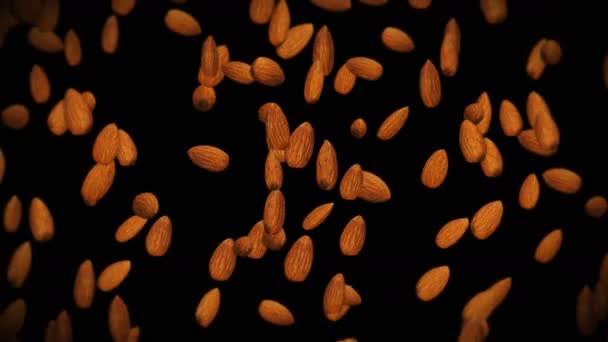 Volando Muchas Almendras Nueces Sobre Fondo Negro Alimentos Comida Saludable — Vídeo de stock