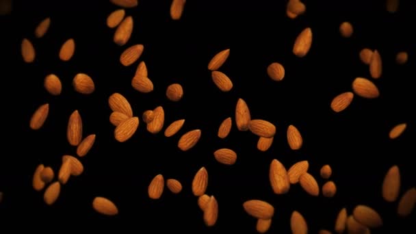 Flying Many Almonds Nuts Black Background Foodstuff Healthy Food Diet — Stock Video