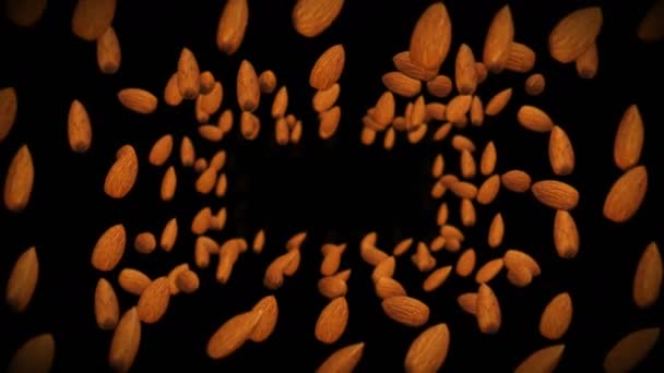 Flying Many Almonds Nuts Black Background Foodstuff Healthy Food Diet — Stock Video