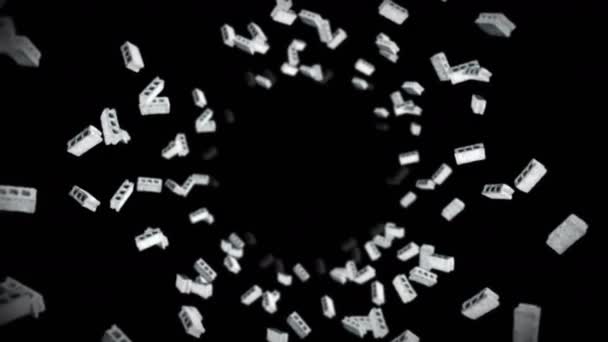 Viele Betonklötze Fliegen Auf Schwarzem Hintergrund Miniaturmodell Zement Bauwesen Animation — Stockvideo
