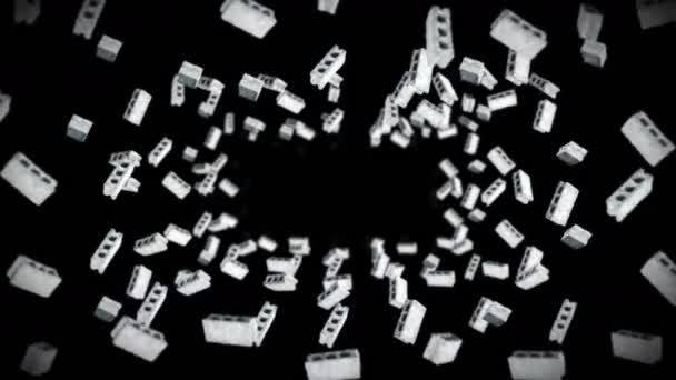 Volant Nombreuses Briques Béton Sur Fond Noir Modèle Miniature Ciment — Video