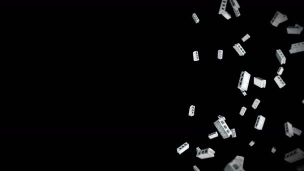 Летает Много Бетонных Кирпичей Черном Фоне Миниатюрная Модель Цемент Строительство — стоковое видео