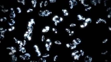 Siyah arka planda bir sürü mücevher elması uçurmak. Şeffaf parla, Değerli Mücevher. Dönen parlak elmasların 3 boyutlu animasyonu. Döngü canlandırması.