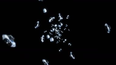 Siyah arka planda bir sürü mücevher elması uçurmak. Şeffaf parla, Değerli Mücevher. Dönen parlak elmasların 3 boyutlu animasyonu. Döngü canlandırması.