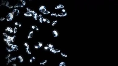 Siyah arka planda bir sürü mücevher elması uçurmak. Şeffaf parla, Değerli Mücevher. Dönen parlak elmasların 3 boyutlu animasyonu. Döngü canlandırması.