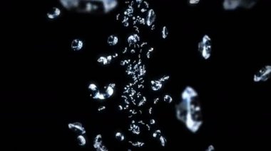 Siyah arka planda bir sürü mücevher elması uçurmak. Şeffaf parla, Değerli Mücevher. Dönen parlak elmasların 3 boyutlu animasyonu. Döngü canlandırması.