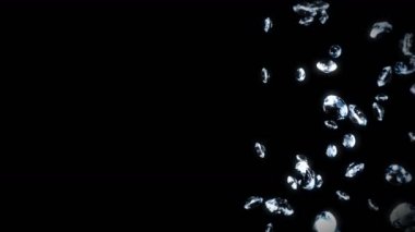 Siyah arka planda bir sürü mücevher elması uçurmak. Şeffaf parla, Değerli Mücevher. Dönen parlak elmasların 3 boyutlu animasyonu. Döngü canlandırması.