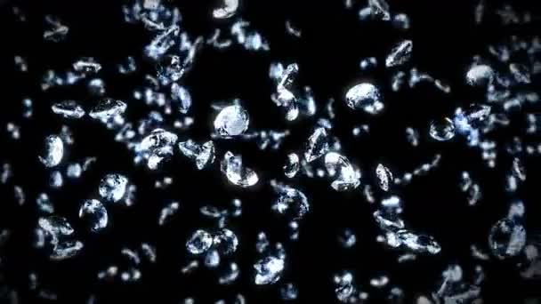 Voando Muitos Diamantes Jóias Fundo Preto Brilha Transparente Preciosa Jóia — Vídeo de Stock