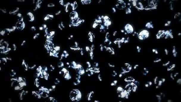 Πετώντας Πολλά Διαμάντια Κοσμήματα Μαύρο Φόντο Λάμπει Διάφανο Πολύτιμο Πετράδι — Αρχείο Βίντεο