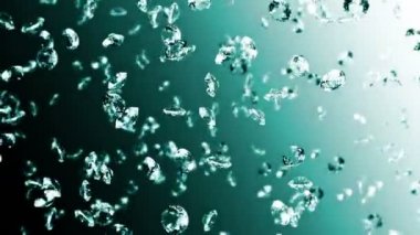 Zümrüt yeşili arka planda bir sürü mücevher elması uçurmak. Şeffaf parla, Değerli Mücevher. Parlak elmas dönüşünün 3 boyutlu animasyonu. Döngü canlandırması.