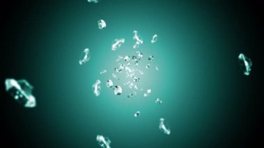 Zümrüt yeşili arka planda bir sürü mücevher elması uçurmak. Şeffaf parla, Değerli Mücevher. Parlak elmas dönüşünün 3 boyutlu animasyonu. Döngü canlandırması.