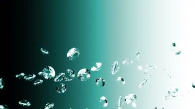 Zümrüt yeşili arka planda bir sürü mücevher elması uçurmak. Şeffaf parla, Değerli Mücevher. Parlak elmas dönüşünün 3 boyutlu animasyonu. Döngü canlandırması.