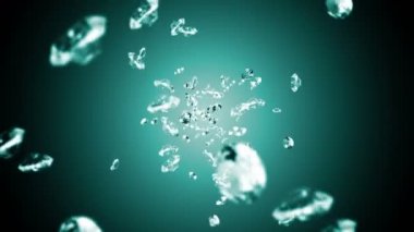 Zümrüt yeşili arka planda bir sürü mücevher elması uçurmak. Şeffaf parla, Değerli Mücevher. Parlak elmas dönüşünün 3 boyutlu animasyonu. Döngü canlandırması.