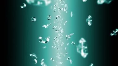 Zümrüt yeşili arka planda bir sürü mücevher elması uçurmak. Şeffaf parla, Değerli Mücevher. Parlak elmas dönüşünün 3 boyutlu animasyonu. Döngü canlandırması.