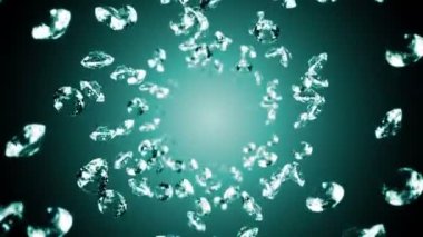 Zümrüt yeşili arka planda bir sürü mücevher elması uçurmak. Şeffaf parla, Değerli Mücevher. Parlak elmas dönüşünün 3 boyutlu animasyonu. Döngü canlandırması.