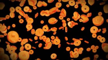 Siyah arka planda bir sürü sade çörek uçurmak. Çörek, şekerleme, tatlı. Donut dönüşünün 3 boyutlu animasyonu. Döngü canlandırması.