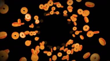 Siyah arka planda bir sürü sade çörek uçurmak. Çörek, şekerleme, tatlı. Donut dönüşünün 3 boyutlu animasyonu. Döngü canlandırması.