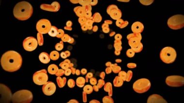 Siyah arka planda bir sürü sade çörek uçurmak. Çörek, şekerleme, tatlı. Donut dönüşünün 3 boyutlu animasyonu. Döngü canlandırması.