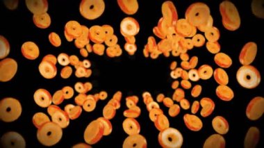 Siyah arka planda bir sürü sade çörek uçurmak. Çörek, şekerleme, tatlı. Donut dönüşünün 3 boyutlu animasyonu. Döngü canlandırması.