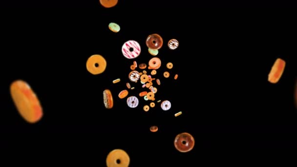 Fliegen Viele Bunte Donuts Auf Schwarzem Hintergrund Krapfenkuchen Süßspeisen Dessert — Stockvideo