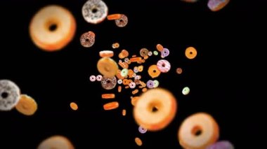 Siyah arka planda bir sürü renkli çörek uçurmak. Çörek, şekerleme, tatlı. Donut dönüşünün 3 boyutlu animasyonu. Döngü canlandırması.