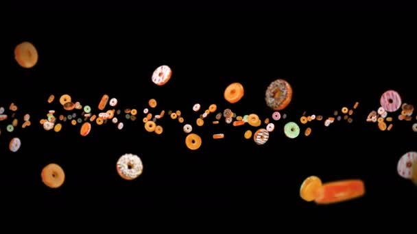 Vliegen Veel Kleurrijke Donuts Zwarte Achtergrond Donut Cake Snoep Dessert — Stockvideo