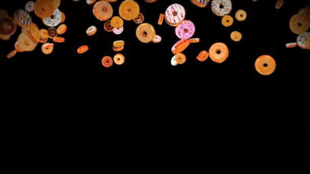 Fliegen Viele Bunte Donuts Auf Schwarzem Hintergrund Krapfenkuchen Süßspeisen Dessert — Stockvideo