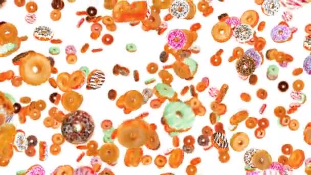 Voando Muitos Donuts Coloridos Fundo Branco Bolo Donuts Doces Sobremesa — Vídeo de Stock