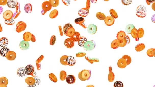 Voando Muitos Donuts Coloridos Fundo Branco Bolo Donuts Doces Sobremesa — Vídeo de Stock