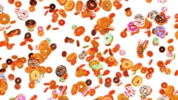 Flying Many Colorful Donuts White Background Doughnut Cake Sweets Dessert — Stock Video