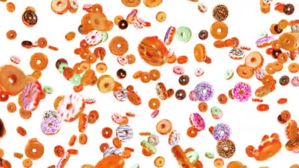 Voando Muitos Donuts Coloridos Fundo Branco Bolo Donuts Doces Sobremesa — Vídeo de Stock