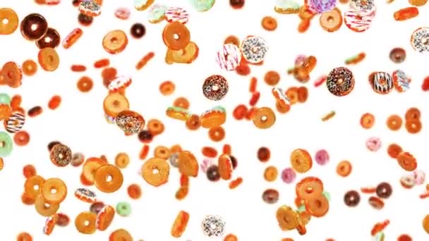 Voando Muitos Donuts Coloridos Fundo Branco Bolo Donuts Doces Sobremesa — Vídeo de Stock