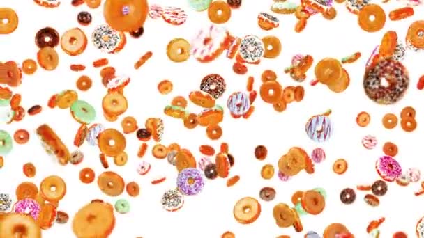 Voando Muitos Donuts Coloridos Fundo Branco Bolo Donuts Doces Sobremesa — Vídeo de Stock