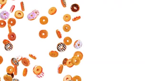 白い背景に多くのカラフルなドーナツを飛んでいます ドーナツケーキ スイーツ デザート ドーナツ回転の3Dアニメーション ループアニメーション — ストック動画