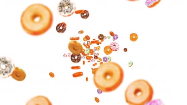 Voando Muitos Donuts Coloridos Fundo Branco Bolo Donuts Doces Sobremesa — Vídeo de Stock