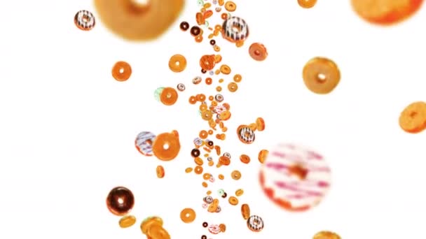 Voando Muitos Donuts Coloridos Fundo Branco Bolo Donuts Doces Sobremesa — Vídeo de Stock