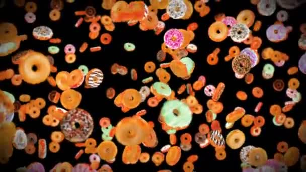 Fliegen Viele Bunte Donuts Auf Schwarzem Hintergrund Krapfenkuchen Süßspeisen Dessert — Stockvideo