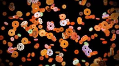 Siyah arka planda bir sürü renkli çörek uçurmak. Çörek, şekerleme, tatlı. Donut dönüşünün 3 boyutlu animasyonu. Döngü canlandırması.