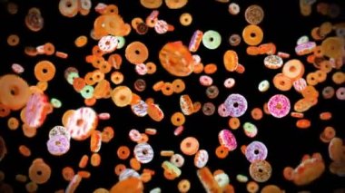 Siyah arka planda bir sürü renkli çörek uçurmak. Çörek, şekerleme, tatlı. Donut dönüşünün 3 boyutlu animasyonu. Döngü canlandırması.